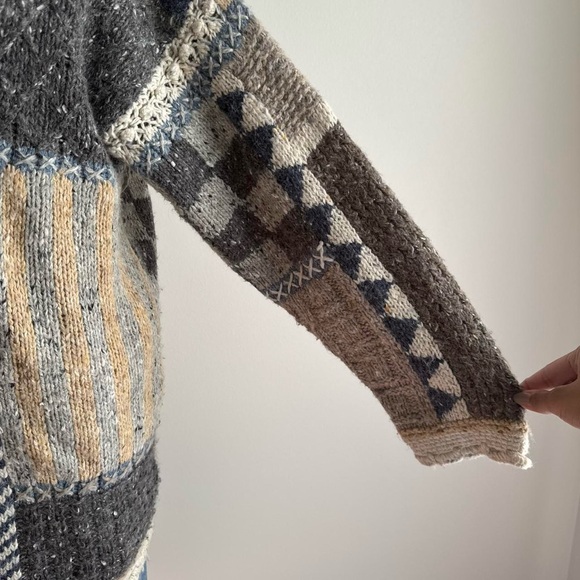 Vintage Patchwork Sweater - 90s Grey Cream Large - Picture 2 of 8